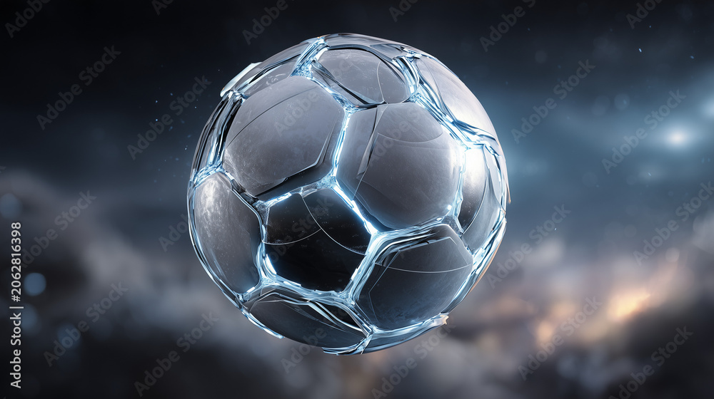 Naklejka premium Glowing metallic soccer ball floating in sci-fi background