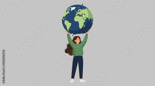 Woman Holding Planet Earth Above Her Head, Global Conservation Concept