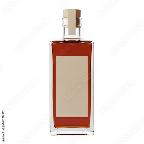Clear glass bottle with red label and white text