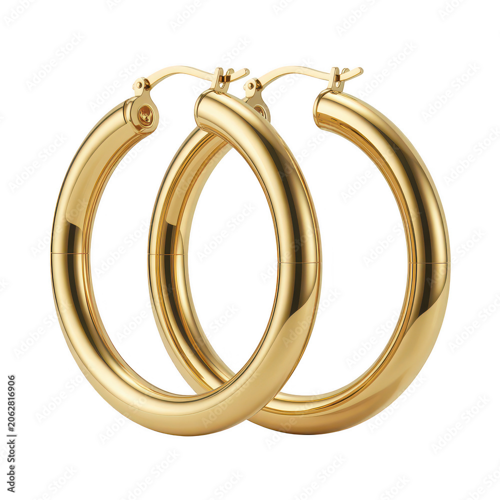 Obraz premium Pair of shiny gold hoop earrings with a smooth polished surface, classic circular jewelry isolated on a white background, studio shot