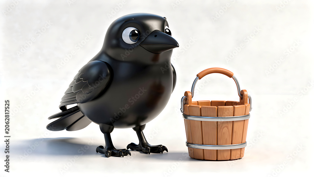 Obraz premium A cute 3D rendered cartoon black crow standing next to a small wooden bucket on a white background.