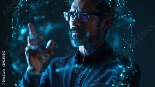 Businessman using virtual metaverse and future digital technology , Virtual Global Internet connection network with AI Artificial Intelligence digital