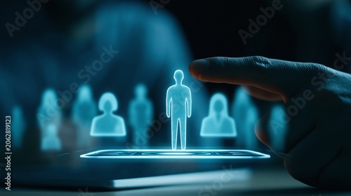 Hand selects digital hologram figure for optimal team placement. Futuristic hiring process uses tech for right employee choice. Human resources analysis builds efficient workforce structure