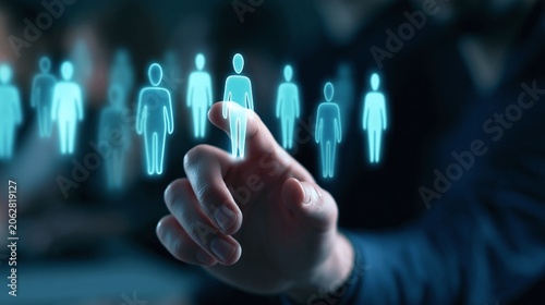 Hand selects digital hologram figure for optimal team placement. Futuristic hiring process uses tech for right employee choice. Human resources analysis builds efficient workforce structure