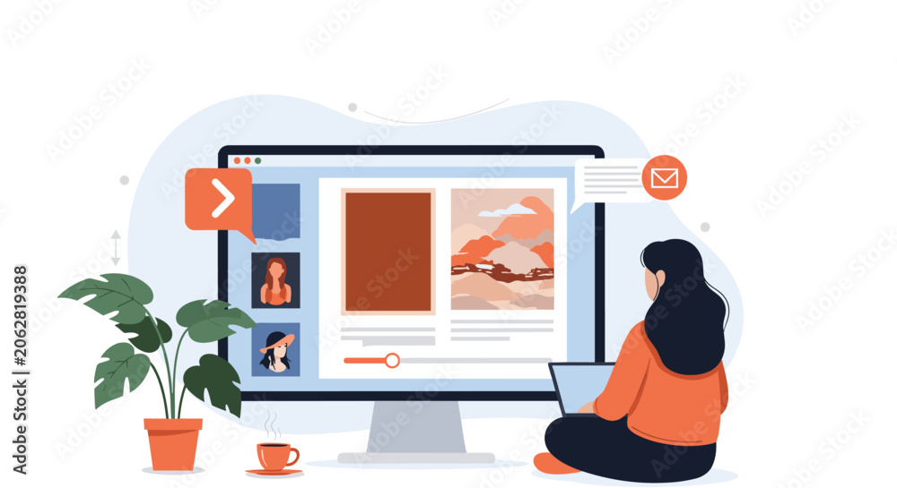 Obraz premium Young woman sits on the floor using a laptop while browsing social media and landscape images on a large monitor screen.