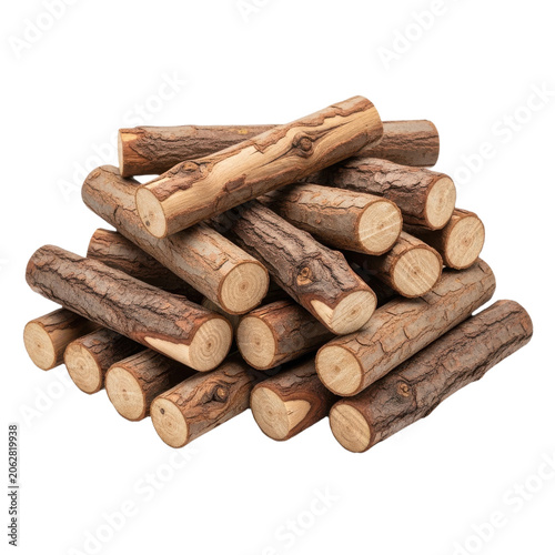 Pile of natural wooden logs with bark texture, stacked and isolated on transparent background
