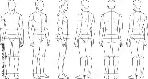 Obraz na plátně Full body male figure template, front, side and back view for fashion design, te