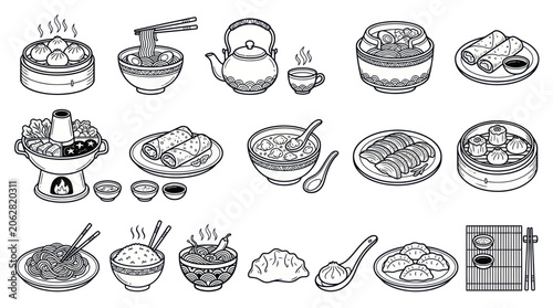 Foto Traditional chinese food and dim sum line art collection