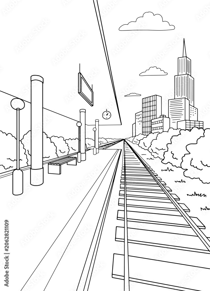 Naklejka premium Railway station platform graphic train sketch vertical illustration vector 