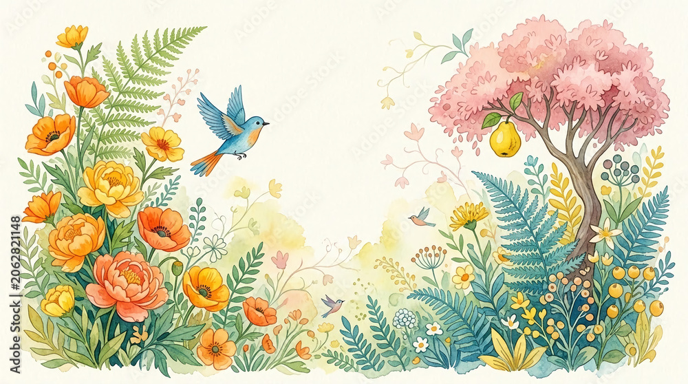 Fototapeta premium Watercolor painting of a whimsical garden with vibrant flowers, lush ferns, and playful birds, symbolizing nature, joy, and springtime enchantment