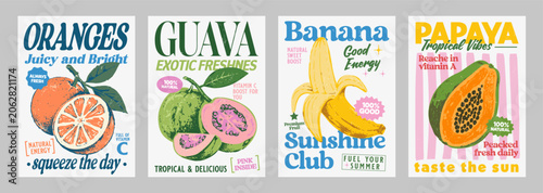 Vintage tropical fruit poster collection featuring orange, guava, banana and papaya in retro style. Perfect for food branding, packaging, kitchen decor and summer designs.