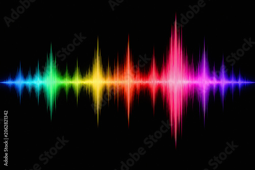 A colorful audio waveform is displayed against a black background, representing sound visualization.