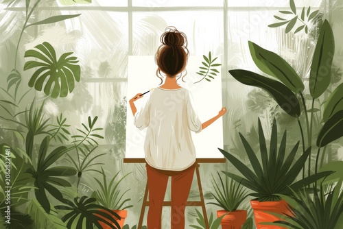 selective focus girl painting on a canvas surrounded by houseplants