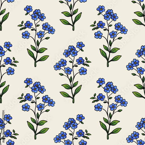 Forget me not blossoms growing in a seamless botanical pattern on a light background, perfect for stationery, textile design