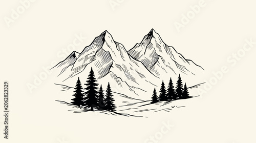 Bild auf Leinwand Hand drawn mountain landscape with pine trees, sketch style illustration of natu