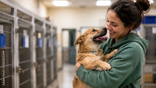 Happy volunteer woman hugging a rescue dog at animal shelter