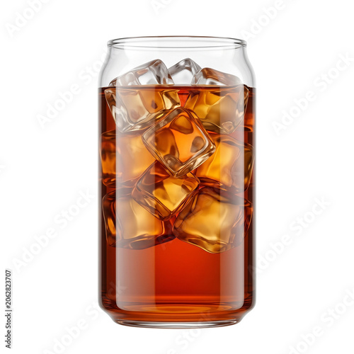 Refreshing Cola Drink with Ice Cubes in a Glass Can, Isolated on White Background