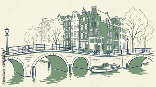 Artistic hand-drawn minimalist sketch of a historic Amsterdam canal bridge over water, classic Dutch city architecture cityscape with houses, clean vector illustration on white background.