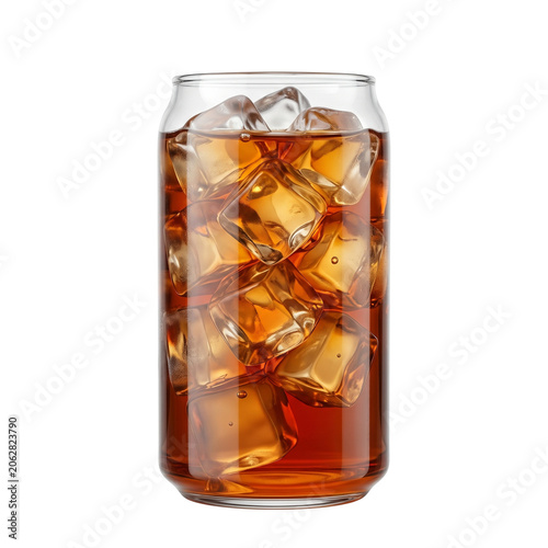 Refreshing Cola Drink with Ice Cubes in a Glass Can