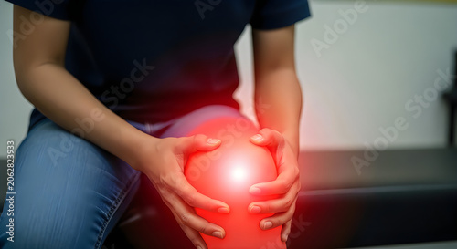 Woman holding painful knee with red glow