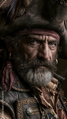 Europe medieval lifestyle. A detailed portrait of an elderly man, likely from a historical or fantasy setting. He wears a large, ornate hat with a feather and a bandana wrapped around his head.