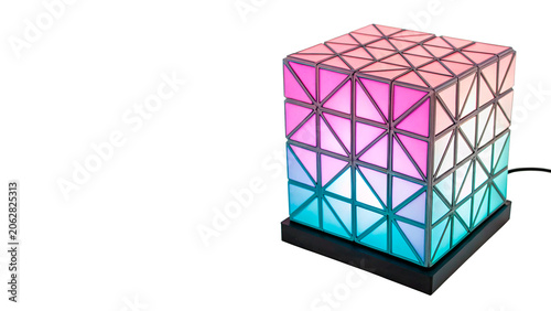Canvastavla Glowing colorful neon geometric cube lamp decoration isolated on a transparent b