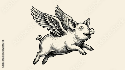 Surreal Airborne Pig with Majestic Wings in Vintage Woodcut Engraving Style, Black Isolated Retro Swine Icon Vector Illustration for Creative Fantasy Design and Mythical Concept Art Decor.