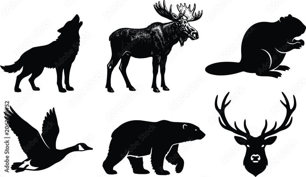 Fototapeta premium Wild Animals Silhouette Collection in Dynamic Poses Against Clean Backdrop