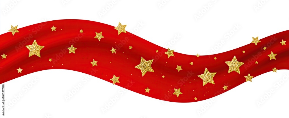 Fototapeta premium A crisp white background highlights a flowing red banner decorated with sparkling gold stars, creating a festive atmosphere.