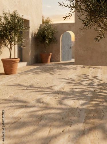Sunlit Mediterranean courtyard with potted plants and natural shadows minimalist architectural background
