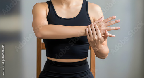 Woman in black sportswear stretching hands