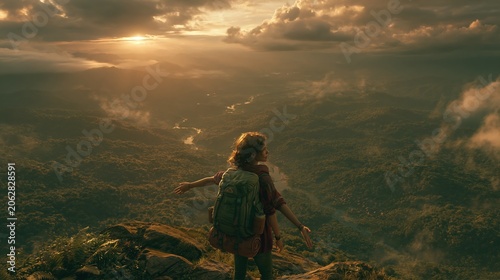 Outdoor adventure explore. A vivid portrayal of a young woman standing atop a rocky outcrop, gazing out over a vast landscape. The setting sun casts a golden hue over the scene.