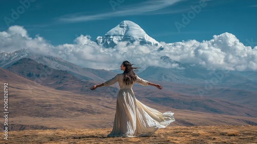Outdoor adventure explore. A vivid portrayal of a woman in a flowing white dress, standing on a grassy hill with her arms outstretched, seemingly in a moment of freedom.