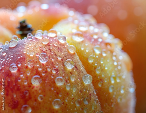 Close up of fresh peach skin with realistic water drops, macro background