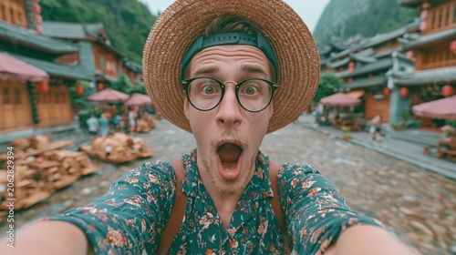 Outdoor adventure explore. A vivid, actionpacked selfie of a man in a traditional Asian setting. He wears a widebrimmed straw hat, round glasses, and a floralpatterned shirt. His mouth is open wide.