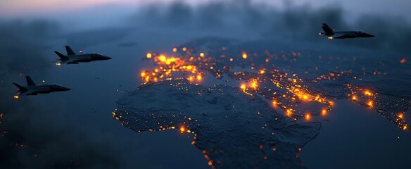 At dusk with smoky skies, a futuristic map highlights Middle East conflict zones and flying fighter jets.