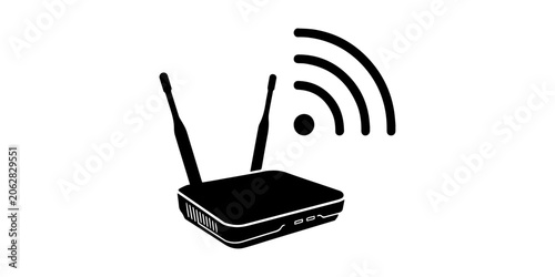 Router silhouette vector white background, Wireless router with antennas in outline and filled styles on white background for connectivity concepts