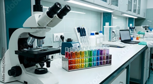 Modern Science Lab Interior With Microscope and Test Tubes