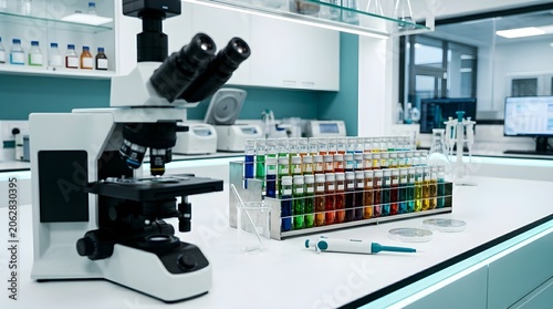 Laboratory Microscope With Colorful Liquid Samples in Science Lab