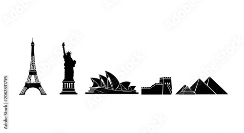 Black silhouette of famous landmarks icons.