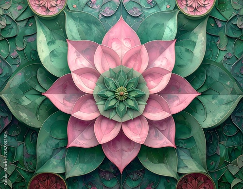 Symmetrical Pink Lotus Flower Design Layered on Teal Leaf Pattern Background