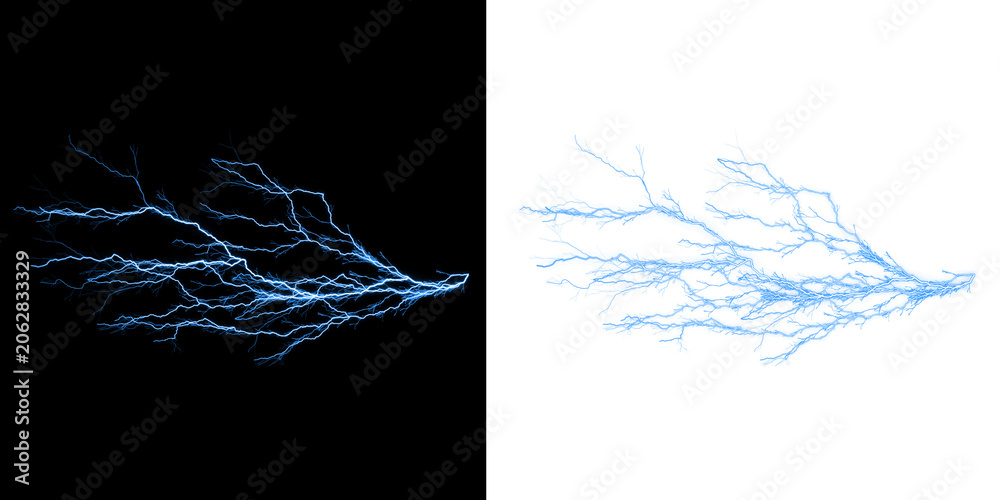 Fototapeta premium Electric blue lightning bolt discharge with branching fractal patterns on split backgrounds isolated on a transparent background