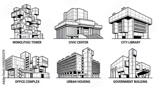 Obraz na plátně Brutalist architecture building sketches for urban city planning