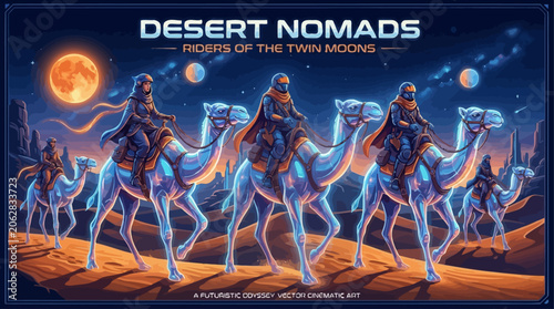 Obraz na plátne Enigmatic nomads on a moonlit trek through a futuristic desert, their camels agl