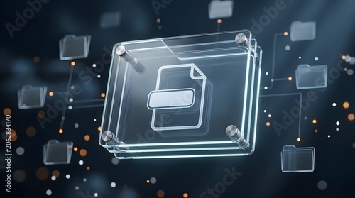 Crystal glass folder icon displaying a glowing document symbol connected to a digital archive network for cloud data management