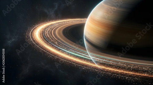 Cinematic gas giant planet orbiting in outer space with glowing golden rings made of cosmic dust and particles