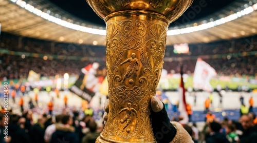 Championship trophy in sports stadium.