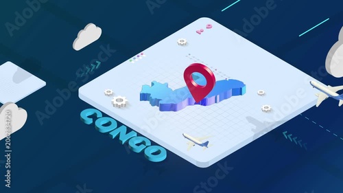 Isometric 3D Render of Congo Map with Red Location Pin Pointer and Floating Airplanes