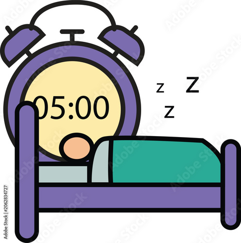 Heavy Sleeper Ignoring Giant Alarm Clock Flat Vector Illustration