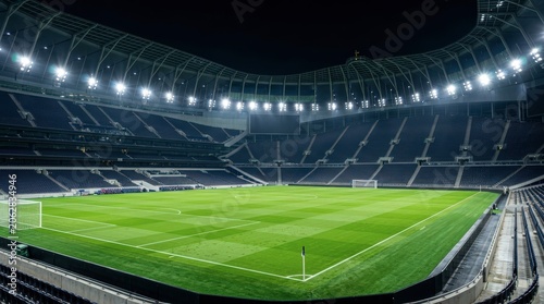 empty soccer stadium with green field.